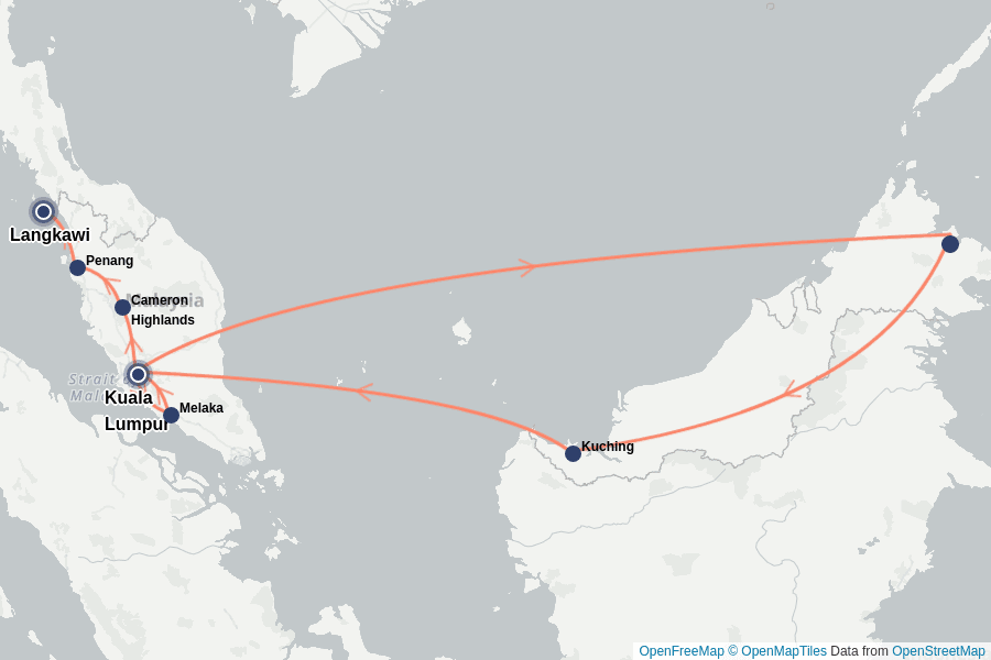 Itinerary Map image for Malaysia 16 Tage – Städte, Regenwald & Hochland