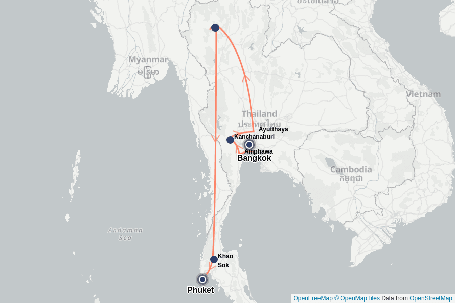 Itinerary Map image for Thailand Highlights  – Kultur, Natur & Strände